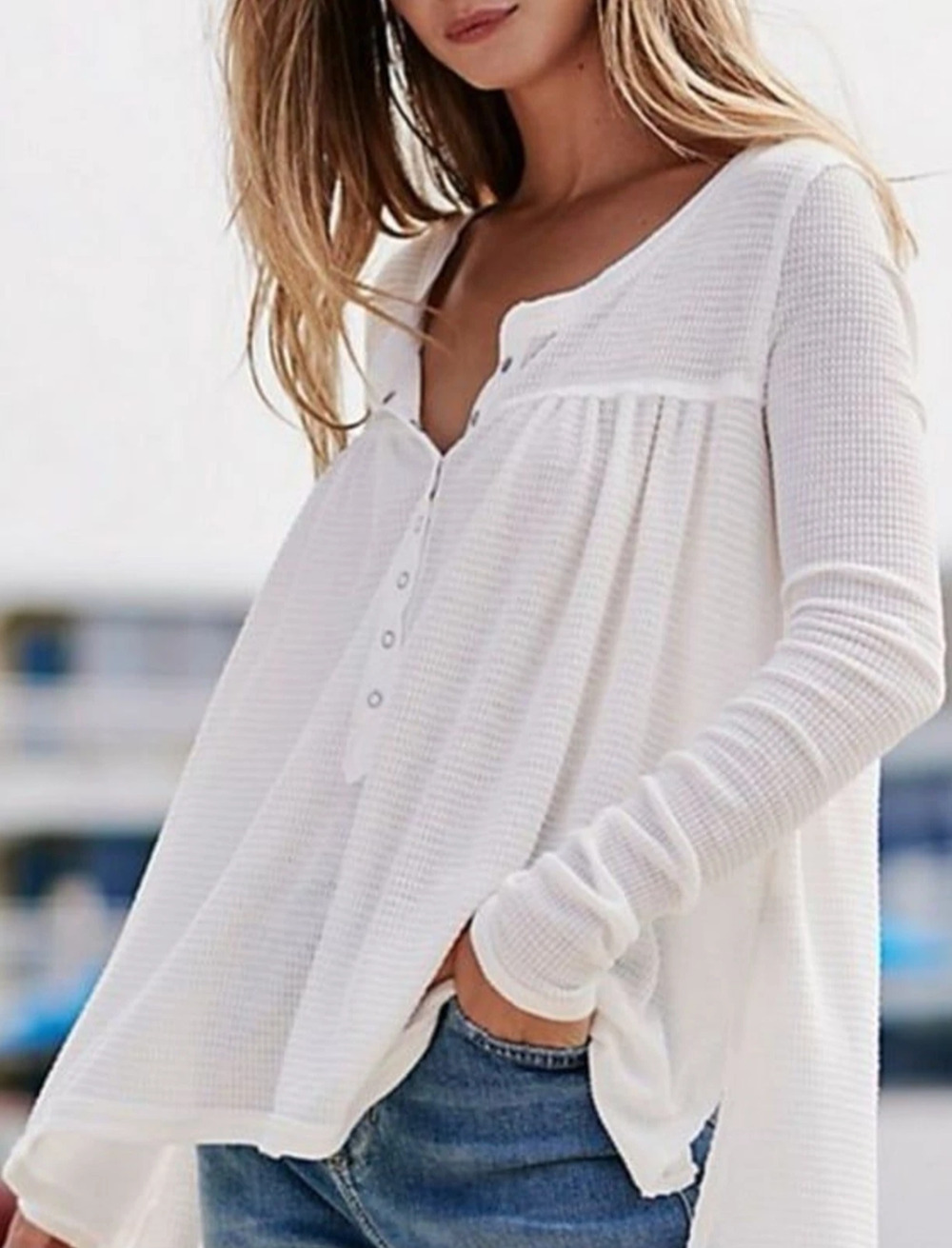 We The Free Kai ivory waffle knit baby doll henley top Size XS Oversized Boho